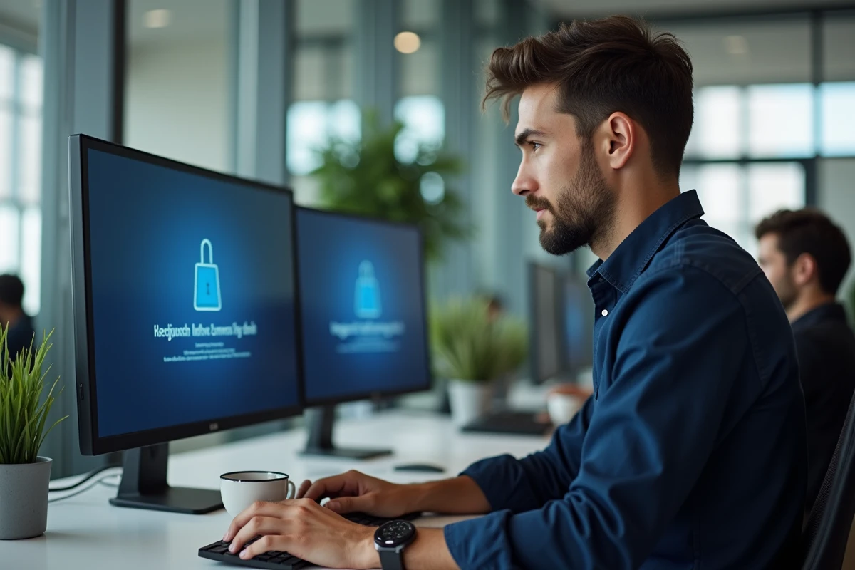 Homme en open space professionnel face à un message d'erreur de connexion sur un portail étudiant numérique