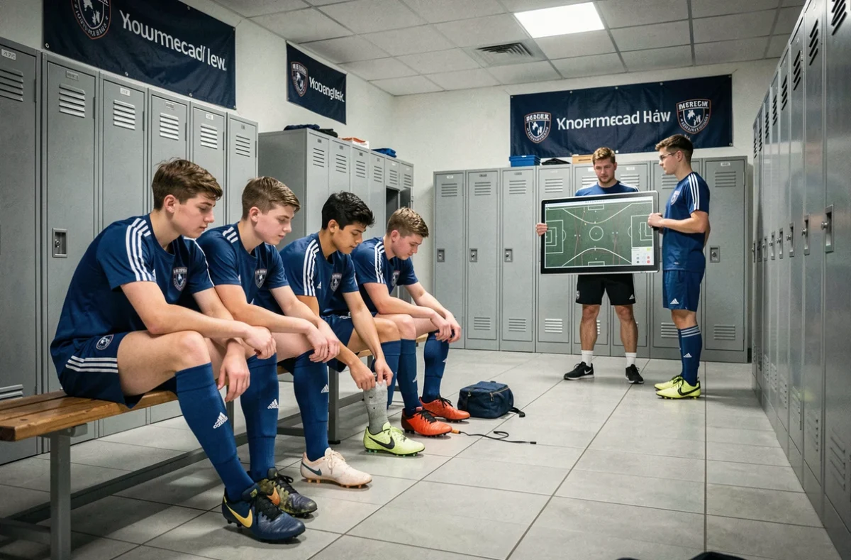 Jeunes joueurs en sélection dans le vestiaire du centre de formation de l'Olympique de Marseille