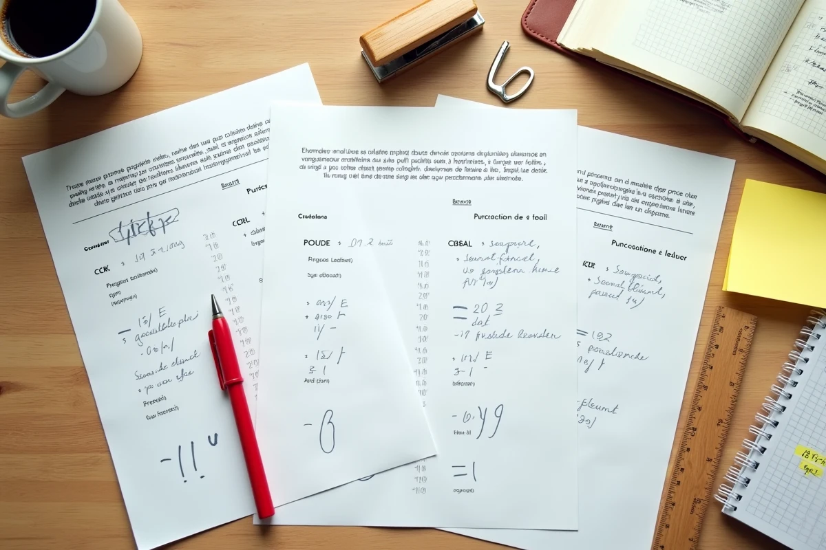 Vue aérienne d'une table d'enseignant avec des fiches de ponctuation corrigées et du matériel scolaire